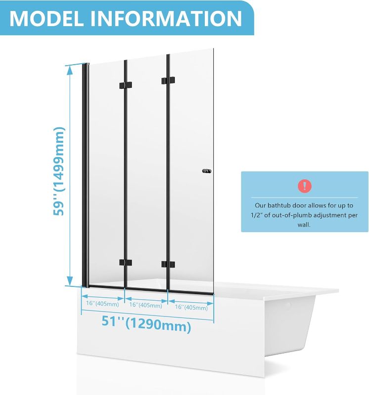 Photo 1 of *** SIMILAR TO THE PHOTO***Bathtub Shower Doors 51 in. W x 59 in. H, 1/4"(6mm) Tempered Glass, Foldable Bathtub Door with Hinged Design, Frameless Tri-fold Tub Shower Door with Matte Black