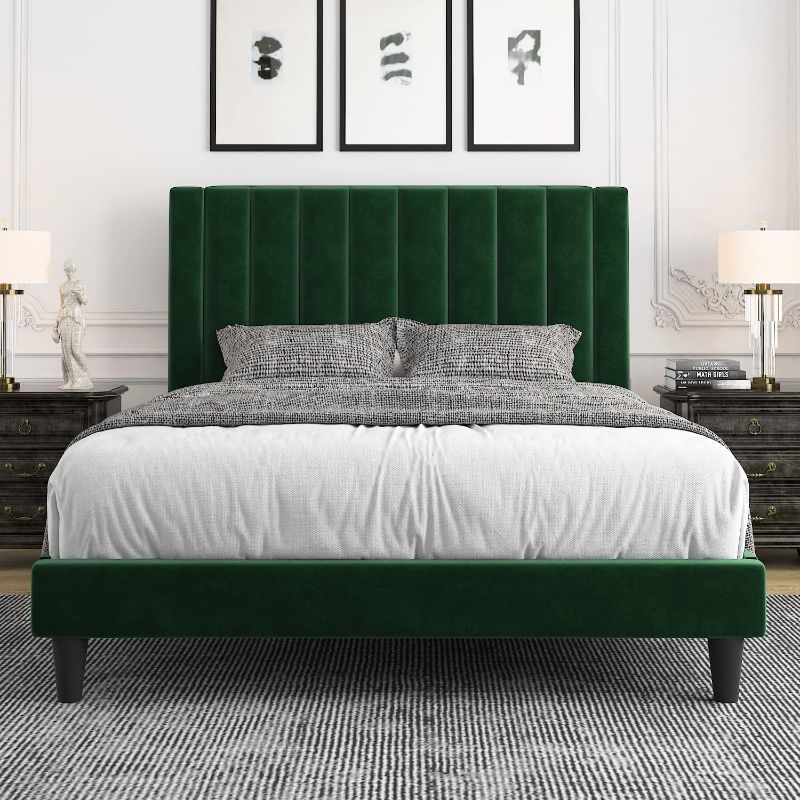 Photo 1 of *** SIMILAR TO THE PHOTO** Allewie Bed Frame/Velvet Upholstered Bed Frame with Vertical Channel Tufted Headboard/Strong Wooden Slats/Platform Bed Frame/Mattress Foundation/Box Spring Optional/Easy Assembly/Green