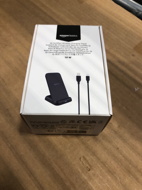 Photo 2 of Amazon Basics 10W Qi Certified Wireless Charging Stand (iPhone 15/14/13/12/11/X, Samsung), with USB Cable (No AC Adapter), Black