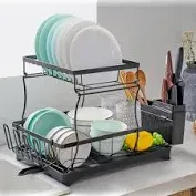 Photo 1 of 2 Tier Dish Drainer Rack - Plate, Cutlery, Pots, and Pans Drying Rack for Kitchen with Cup & Glass Holder - Modern Design Drip Tray with Drain Spout - Black