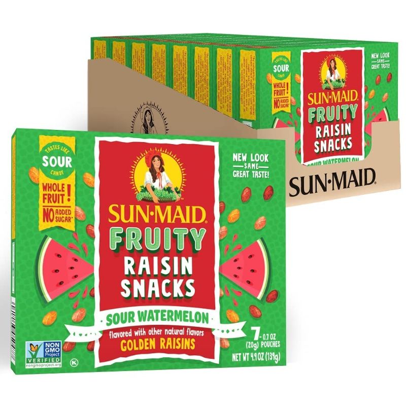 Photo 1 of **NON-REFUNDABLE** BEST BY 8/14/24
Sun-Maid Sour Watermelon Fruity Raisin Snacks - (56 Pack) 0.7 oz Pouches - Sour Watermelon Raisins - Dried Fruit Snack 