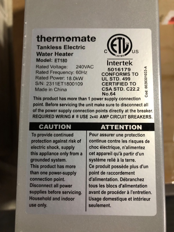 Photo 2 of ***NONREFUNDABLE - NOT FUNCTIONAL - FOR PARTS ONLY - SEE COMMENTS***
Tankless Water Heater Electric 18kW 240 Volt, thermomate On Demand Instant Endless Hot Water Heater