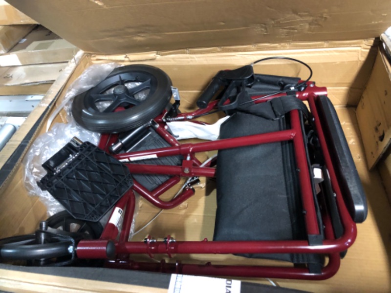 Photo 2 of ***USED - LIKELY MISSING PARTS - UNABLE TO VERIFY FUNCTIONALITY***
Medline Lightweight Transport Wheelchair with 12 Inch Rear Wheels Folding Transport Chair 300lb Weight Capacity Red Frame