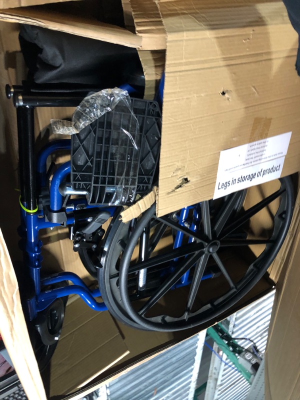 Photo 3 of ***USED - LIKELY MISSING PARTS - UNABLE TO VERIFY FUNCTIONALITY***
Blue Streak Wheelchair with Flip Back Desk Arms, 18 in. Seat and Swing Away Footrest