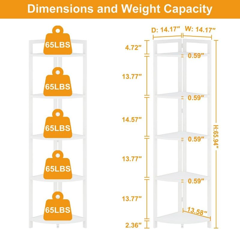 Photo 4 of (READ FULL POST) FATORRI Tall Corner Shelf, 5 Tier Modern Corner Bookshelf Stand, Wood and Metal Corner Plant Bookcase for Living Room,Bedroom, Corner Space (White Oak)
