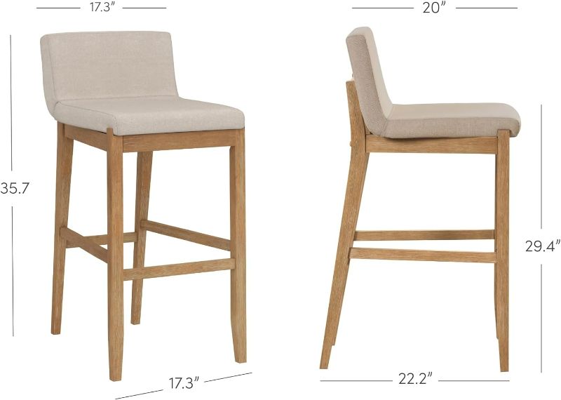 Photo 1 of (READ FULL POST) Nathan James Gracie Modern Bar Stool with Back, Cushioned Bar Height Stool with Natural Flax Upholstery and Brushed Wooden Legs, Natural Flax/Brown
