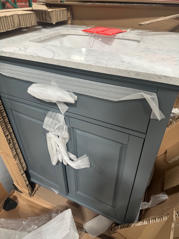 Photo 4 of allen + roth Brookview 30-in Slate Blue Undermount Single Sink Bathroom Vanity with Carrara Engineered Marble Top