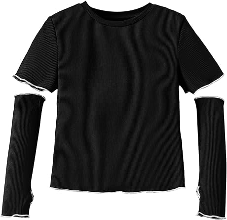 Photo 1 of Verdusa Girl's Lettuce Trim Contrast Binding Tee Rib Knit Tops with Arm Sleeves Size XL
