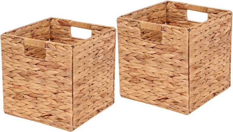 Photo 1 of LYJWOO6D Wicker Storage Cubes Wicker Storage Baskets Rectangular Laundry Organizer Totes for Shelves,Foldable Handwoven Water Hyacinth Storage Baskets for Organizing Set of 2 Pcs,11x11x11inch
