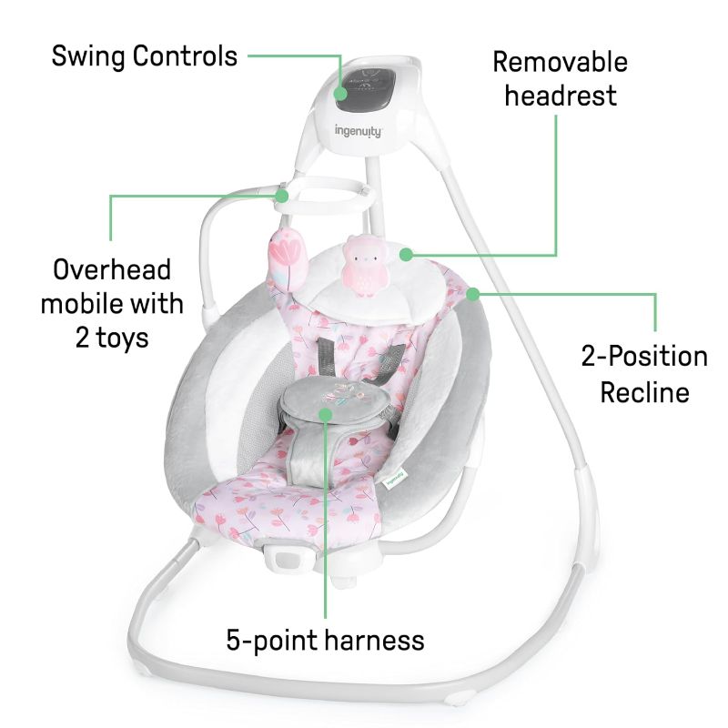 Photo 3 of (NON-REFUNDALBE) Ingenuity SimpleComfort Lightweight Compact 6-Speed Multi-Direction Baby Swing, Vibrations & Nature Sounds, 0-9 Months 6-20 lbs (Pink Cassidy)