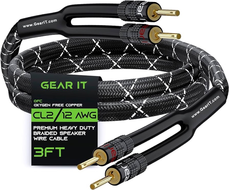 Photo 1 of GearIT 12AWG Premium Heavy Duty Braided Speaker Wire (3 Feet) with Dual Gold Plated Banana Plug Tips - Oxygen-Free Copper (OFC) Construction, Black