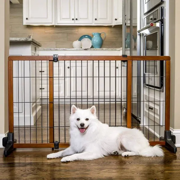 Photo 1 of **HAS BEEN USED- FEW SCRATCHES FROM BEING USED**  Design Paw Extra Tall Extra Wide Freestanding Pet Gate, Brown/Blac