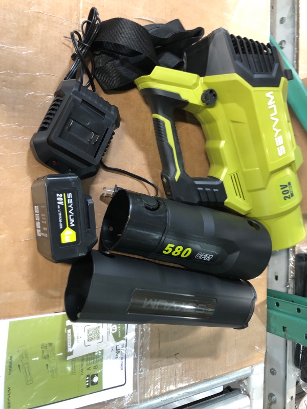 Photo 1 of SEYVUM Leaf Blower - 580CFM 20V Leaf Blower Cordless with 4.0 Battery & Fast Charger, 3-Speed Dial