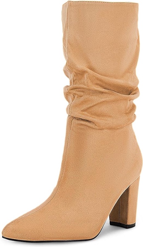 Photo 1 of Syktkmx Womens Winter Slouchy High Heel Boots Mid Calf Suede Slip on Chunky Block Pointed Toe Boots, 9.5