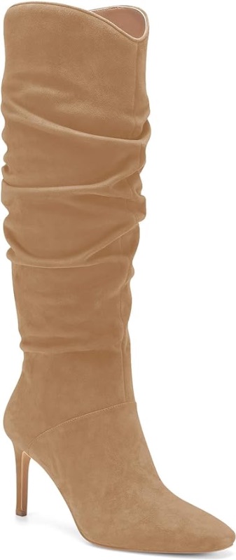 Photo 1 of Coutgo Womens Knee High Boots Faux Suede Almond Toe Stiletto High Heel Slouchy Side Zipper Booties, 8.5