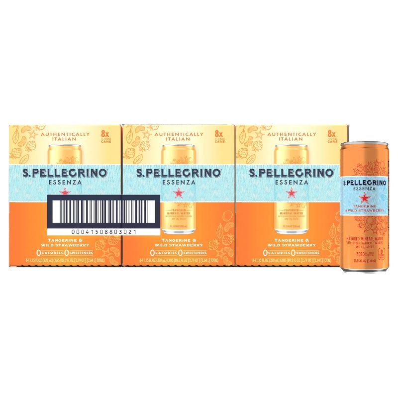 Photo 1 of  **NONREFUNDABLE** S.Pellegrino Essenza Tangerine & Wild Strawberry Flavored Mineral Water, 11.15 fl oz. Cans (24 Pack) BB 3/2024 