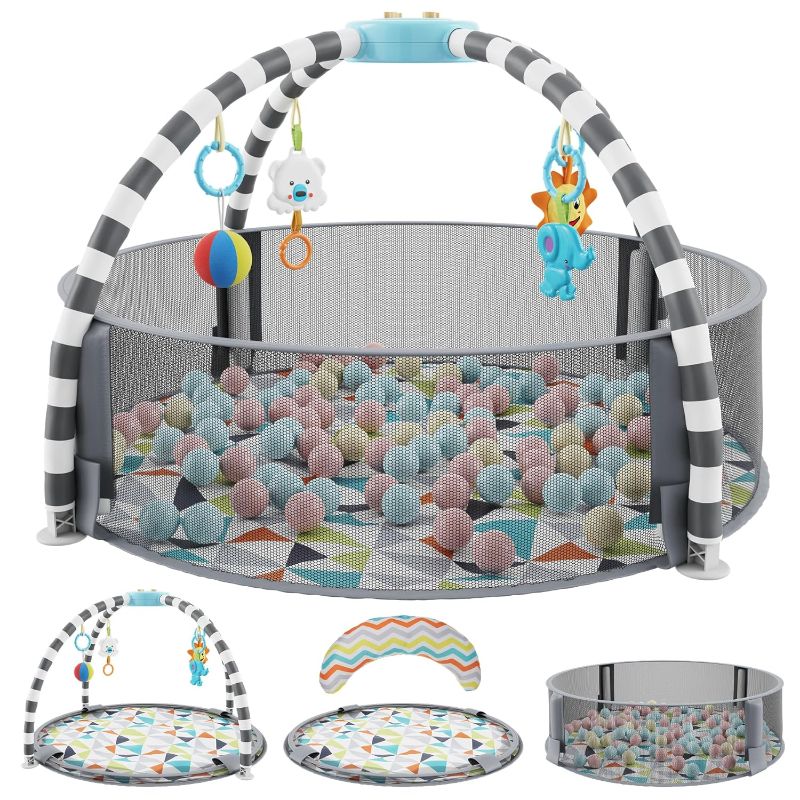 Photo 1 of 5 in 1 Newborn Activity Gym and Ball Pit - Baby Play Gym with 6 Toys, Balls, Tummy Pillow, Tummy Time Play Mat - Easy to Set up Baby Activity Mat