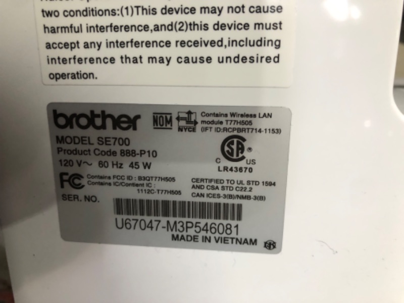 Photo 3 of ***DAMAGED - MISSING PARTS - SEE COMMENTS***
Brother SE700 Sewing and Embroidery Machine, Wireless LAN Connected, 135 Built-in Designs, 103 Built-in Stitches, Computerized, 4" x 4" Hoop Area, 3.7" Touchscreen Display, 8 Included Feet