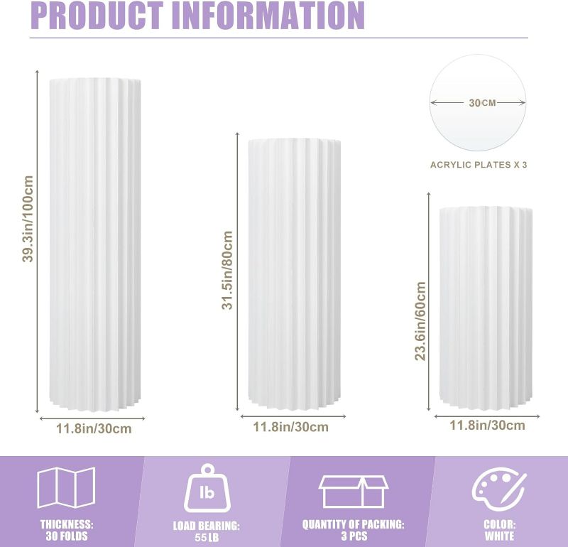 Photo 1 of (READ FULL POST) Nynelly Foldable Paper Columns Display Pedestals Stand, Cylinder Pedestal Stands for Party, Paper Roman Pillar for Wedding Birthday Party Decoration , 3 Pcs?15.7" H+23.6'H+31.5" H,White Paper pillar 3Pcs-15.7"H+23.6'H+31.5"H