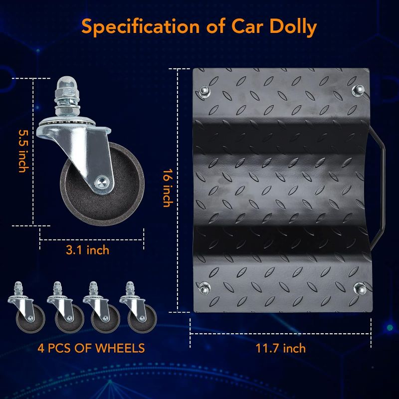 Photo 5 of Towallmark Heavy Duty Car Dolly 4 Pack, 6000 lbs Wheel Dolly Car Tire Stake with Brakes, Car Tire Dolly Cart with Wheels, Vehicle Dollies for Moving, Car Repair Black