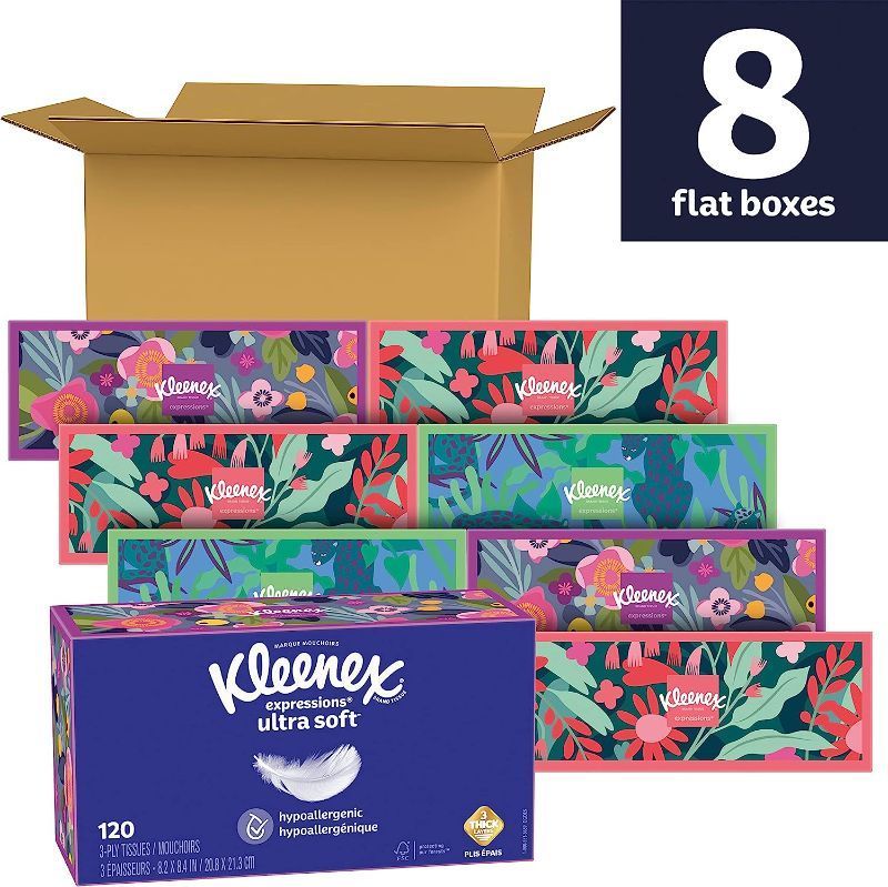 Photo 1 of **DAMAGE** Kleenex Expressions Ultra Soft Facial Tissues, 120 Count (Pack of 8), 3-Ply, Packaging May Vary
