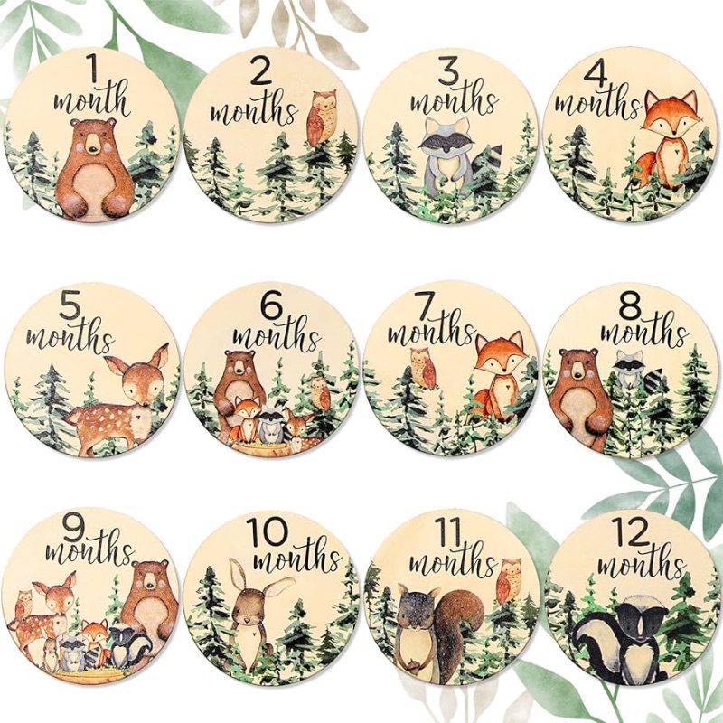 Photo 1 of **NON-REFUNDABLE BUNDLE OF 2**  Whaline 12Pcs Woodland Baby Monthly Milestone Cards Milestone Wooden Discs