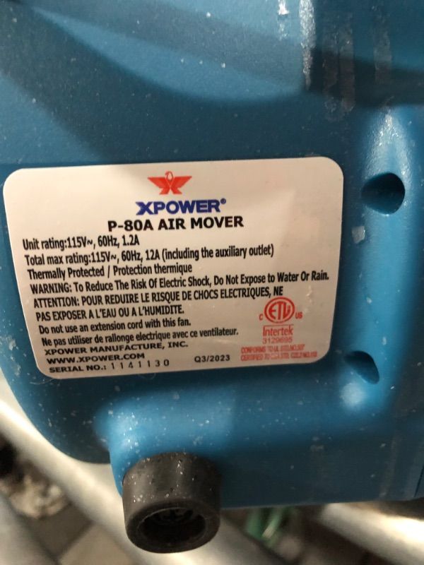 Photo 3 of XPOWER P-80A Mini Mighty 138 W 600 CFM Centrifugal Air Mover Blue