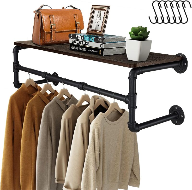 Photo 1 of **MAY BE MISSING PARTS**REENSTELL Clothes Rack with Top Shelf, 41in Industrial Pipe Wall Mounted Garment Rack