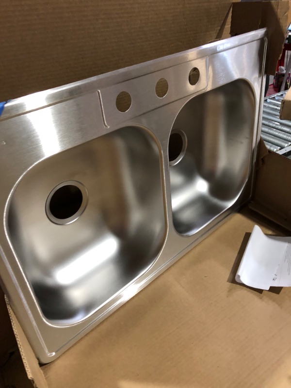 Photo 3 of **DENTED** Dayton D233223 Equal Double Bowl Top Mount Stainless Steel Sink 33 x 22 x 6.5 3 Faucet Holes Sink Only