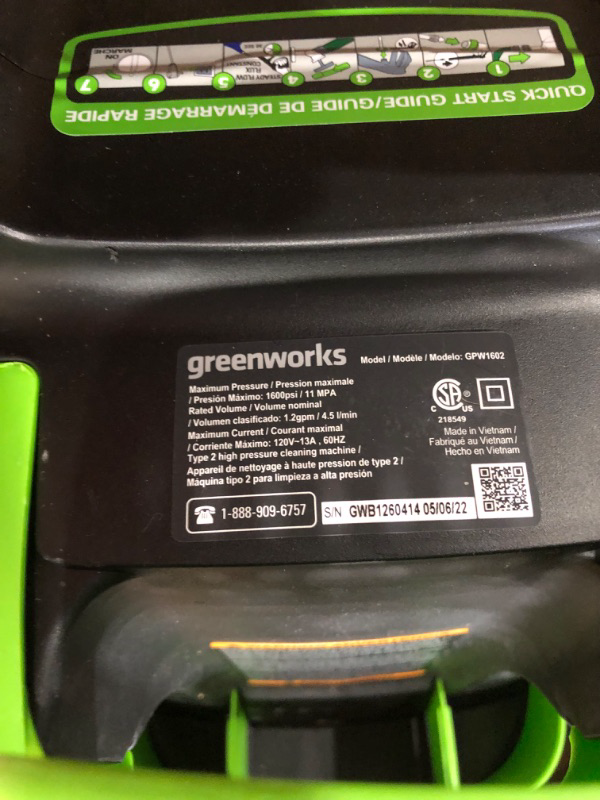 Photo 4 of Greenworks 1500 PSI 1.2 GPM Pressure Washer (Upright Hand-Carry) PWMA Certified 1500 PSI (1.2 GPM) Washer