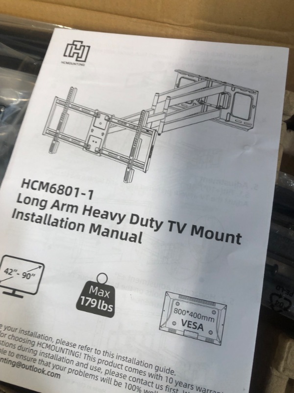 Photo 2 of HCMOUNTING Heavy Duty Long Dual Arm TV Wall Mount Holds up to 179 lbs, Swivel and Tilt TV Mount with 40.9" Extended Articulating Arms for Most 42-90 inch TVs, VESA 800x400mm, Fits 16''-18'' Wood Studs