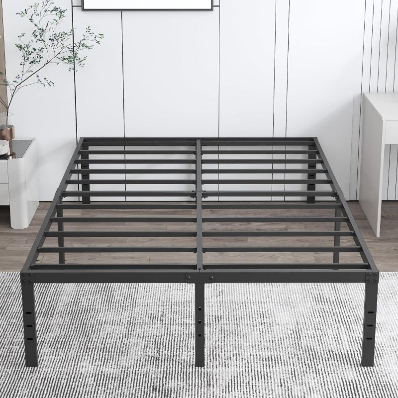Photo 1 of  Queen Size Metal Bed Frame, Heavy Duty Steel Slat Mattress Foundation, No Box Spring