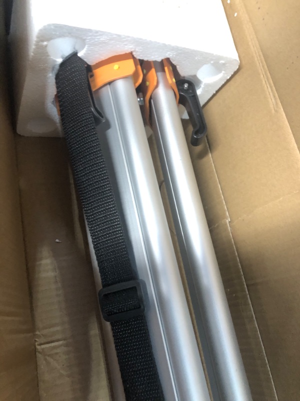 Photo 1 of ***USED - MISSING PARTS - UNABLE TO TEST***
Johnson Level & Tool 40-6335 Contractor Aluminum Tripod with 5/8" - 11 Thread, 4'-5' Working Height, Silver/Orange, 1 Tripod
