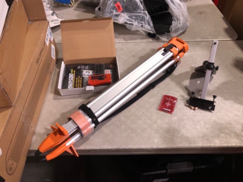 Photo 1 of ***USED - MISSING PARTS - UNABLE TO TEST***
Johnson Level & Tool 40-6335 Contractor Aluminum Tripod with 5/8" - 11 Thread, 4'-5' Working Height, Silver/Orange, 1 Tripod