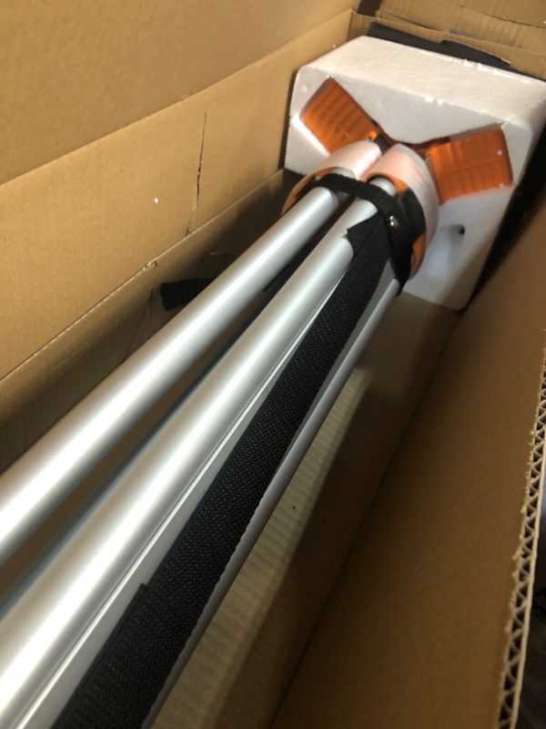 Photo 1 of ***USED - MISSING PARTS - UNABLE TO TEST***
Johnson Level & Tool 40-6335 Contractor Aluminum Tripod with 5/8" - 11 Thread, 4'-5' Working Height, Silver/Orange, 1 Tripod