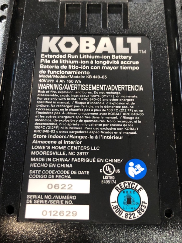 Photo 5 of **STOCK IMAGE IS A REFERENCE ONLY*   Kobalt 40-Volt 4-Amps 4.0ah Rechargeable Lithium Ion (Li-Ion) Cordless Power Equipment Battery