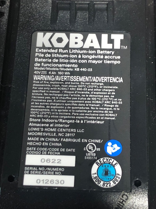 Photo 3 of **STOCK IMAGE IS A REFERENCE ONLY**  Kobalt 40-Volt 4-Amps 4.0ah Rechargeable Lithium Ion (Li-Ion) Cordless Power Equipment Battery