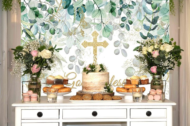 Photo 1 of Funnytree 7x5ft God Bless Backdrop Baptism Party First Holy Communion Christening Banner Decor Forest Leaves Baby Shower Photography Background Favors Gifts Supplies Photo Booth Props