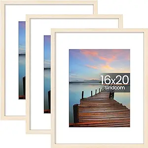 Photo 1 of 16x20 Poster Frame 3 Pack, Picture Frames with Detachable Mat for 11x14 Prints, Horizontal and Vertical Hanging Hooks for Wall Mounting, Natural Photo Frame for Gallery Home Décor