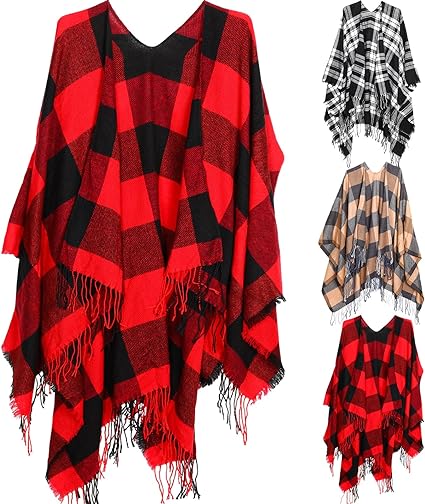 Photo 1 of 3 Pcs Buffalo Plaid Women's Warm Shawl Wrap Tartan Open Front Poncho Cape Long Blanket Plaid Scarf for Christmas Gift Winter Fall Travel, 3 Designs