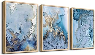 Photo 1 of ***ONLY 2 PIECES****Natural Wood Framed Abstract Paintings Canvas Wall Art For Living Room Bedroom Decoration Office Wall Decor Blue Abstract