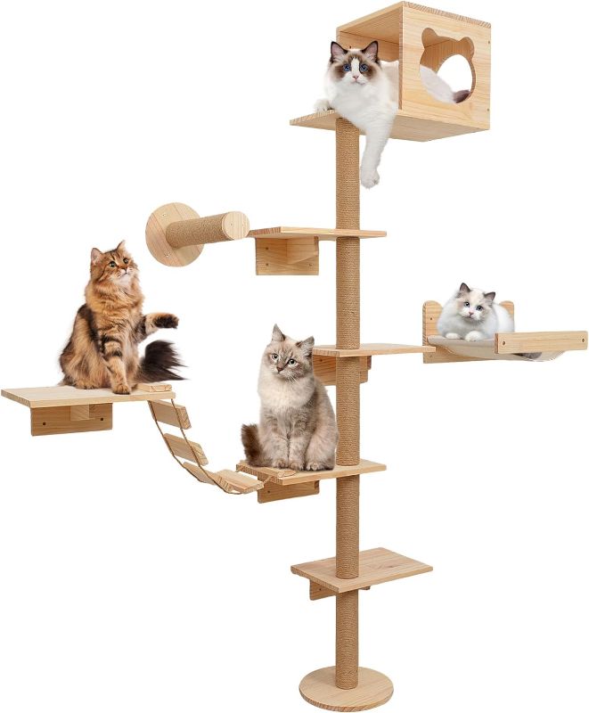 Photo 1 of (READ FULL POST) Cat Tree for Indoor Cats Large Adult, 74.4 inch Tall Cat Tree Tower with Litter Box Enclosure, Wall Mounted Wood Cat Tree Cat with Hammock