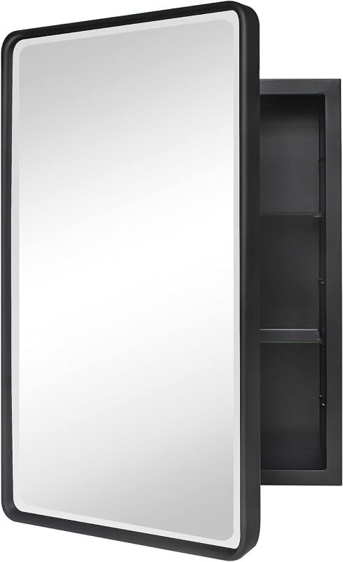 Photo 1 of 
TEHOME Farmhouse Black Metal Framed Recessed Bathroom Medicine Cabinet with Beveled Mirror Rounded Rectangle Bathroom Medicine Cabinet 16x24 inch