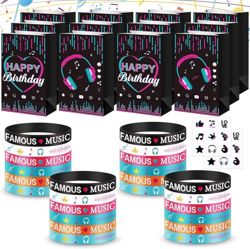 Photo 1 of 54 Pieces Music Party Favors Includes 24 Music Silicone Bracelets Wristbands and 12 Music Party Paper Bags 