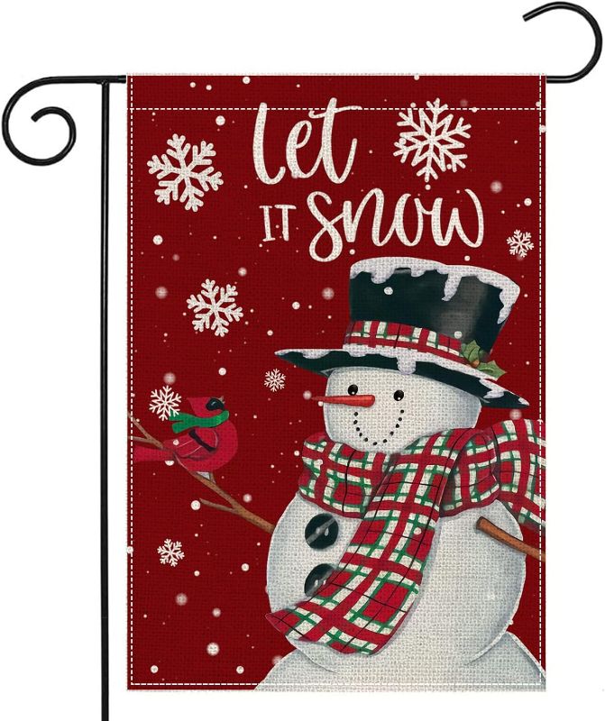 Photo 1 of * BUNDLE OF TWO, NO RETURNS * Snowman Garden Flag for Outside 12 x 18 Double Sided Christmas Garden Flag, Let It Snow Snowflake Garden Flag,Red Winter Farmhouse Yard Outdoor Decorative Flag Let It Snow-A