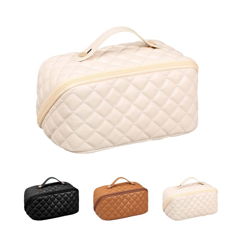 Photo 1 of * COLOR BLACK * zccpeck Travel Makeup Bag Organizer Large Cosmetic Bags PU Leather Waterproof Portable Open Flat Toiletry Bag Travel Essentials Storage Ideal Gift for Women Girls White. White Style1