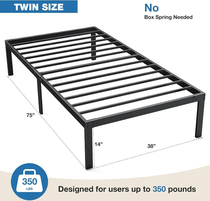 Photo 5 of (READ FULL POST) OLIXIS Metal Twin Bed Frame - 14in High with Storage Space, No Box Spring Needed with Sturdy Steel Slat Support, 350LBS Heavy Duty for Easy Assembly, Black for Bedroom