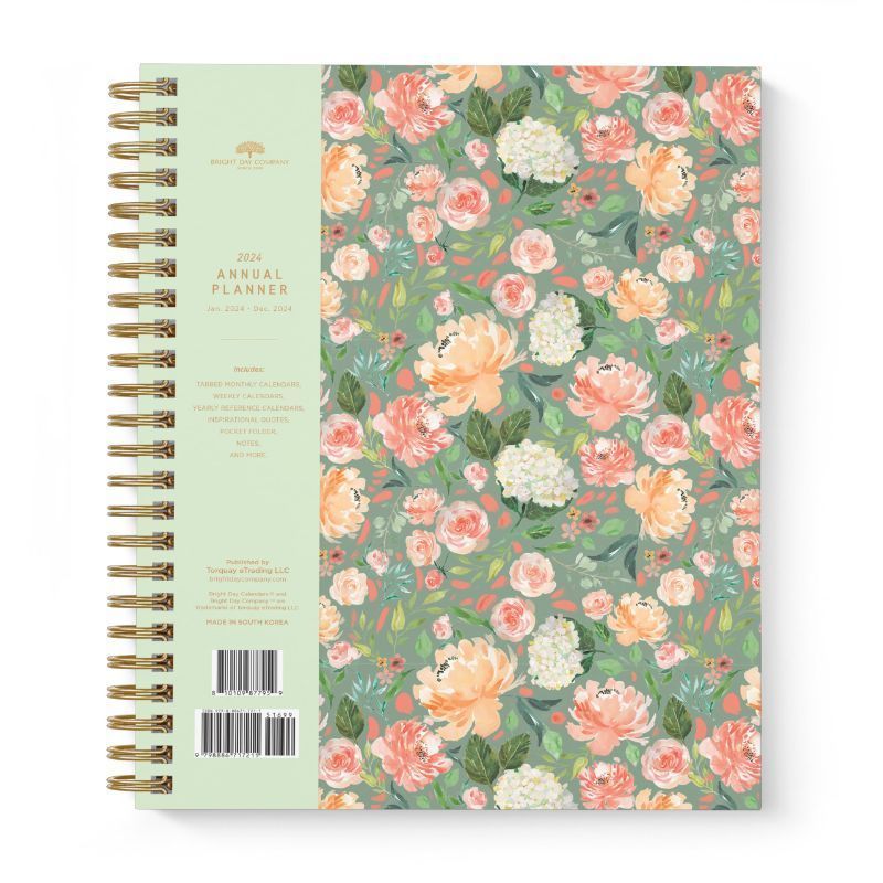 Photo 1 of 2024 Floral Annual Planner by Bright Day, Yearly Monthly Weekly Daily Spiral Bound Dated Agenda Flexible Cover Tabbed Notebook, 8.25 x 6.25