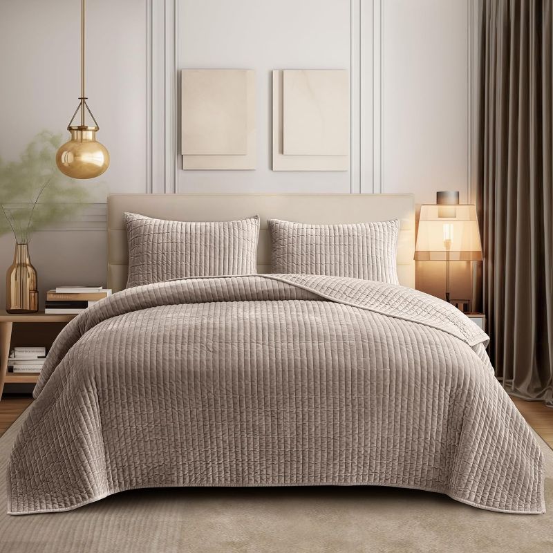 Photo 1 of (READ FULL POST) SHALALA Velvet Quilt King Size,Striped Bedding Set,Lightweight Velvet Comforter,Luxurious Suede Bedspread and Coverlet with Soft Brushed Microfiber Back for All Season(Light Taupe,King) Light Taupe King(106"x94"?