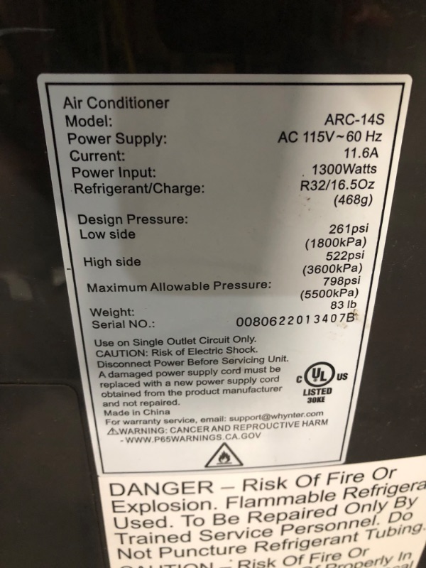 Photo 1 of ***USED - DIRTY - UNABLE TO TEST - SEE COMMENTS***
Whynter Portable Air Conditioner 14,000 BTU with Dual Hose Dehumidifier & Cooling Fan for 500 Sq Ft Rooms, Includes AC Unit Window Kit, ARC-14S (9,500 BTU SACC) AC Unit Only